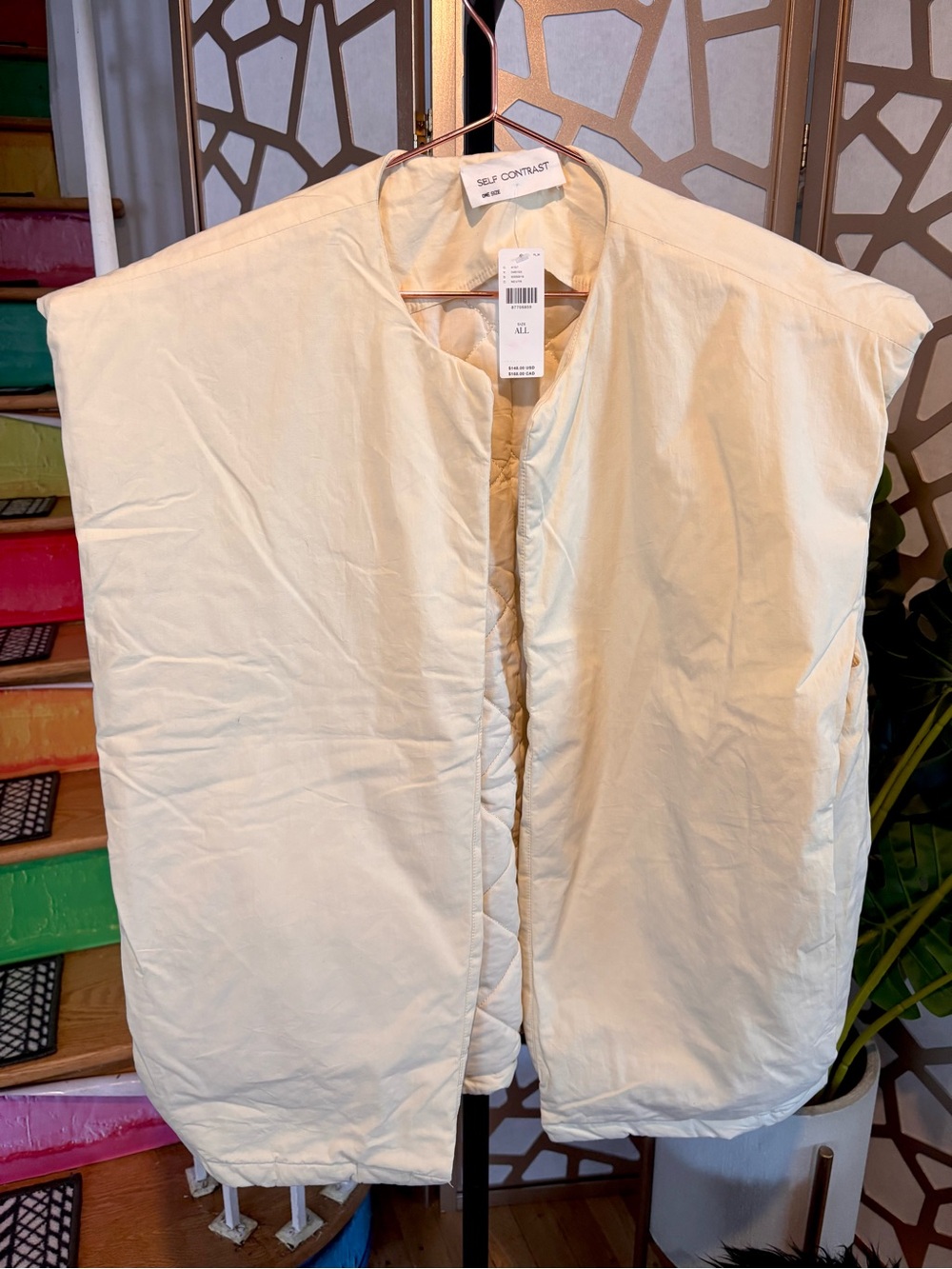 Self Contrast Oversized Quilted Puffer Vest Cream One Size NWT